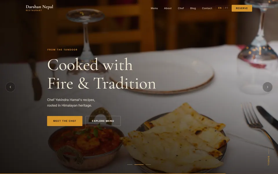 Darshan Nepal restaurant home page: Cooked with Fire and Tradition, over a photo of tandoori dishes.