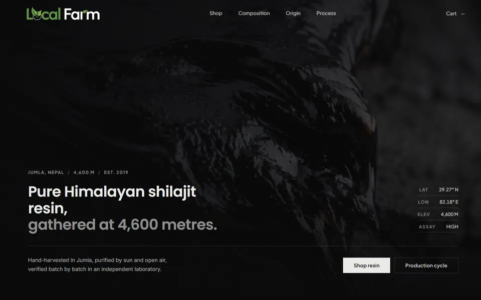 Local Farm home page: Pure Himalayan shilajit resin, gathered at 4,600 metres.