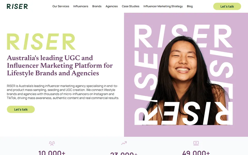 Riser Collective home page on a laptop: headline reading Australia's leading UGC and influencer marketing platform.